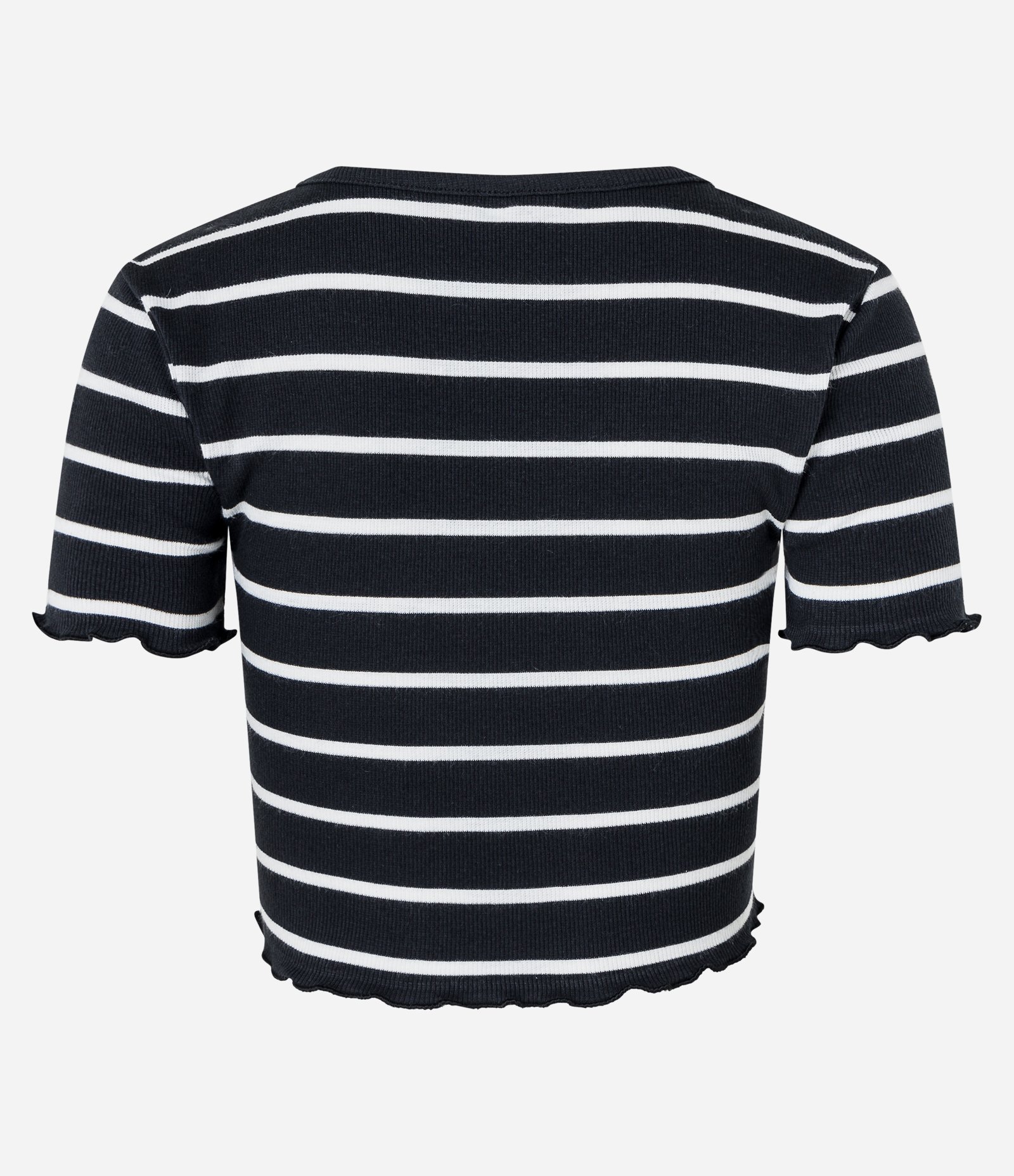 Blusa Cropped em Ribana Listrada com Frufru nas Mangas e Barra Preto 3