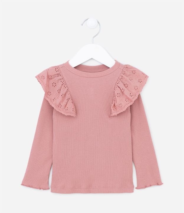 Blusa Manga Longa Infantil com Babado de Broderie - Tam 1 a 5 anos