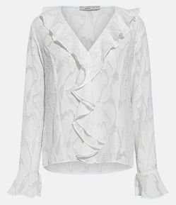 Blusa Manga Longa em Jacquard com Babado Jabô no Decote V