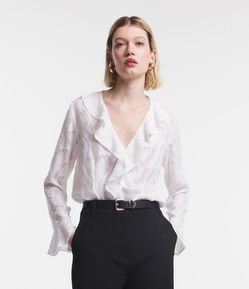 Blusa Manga Longa em Jacquard com Babado Jabô no Decote V