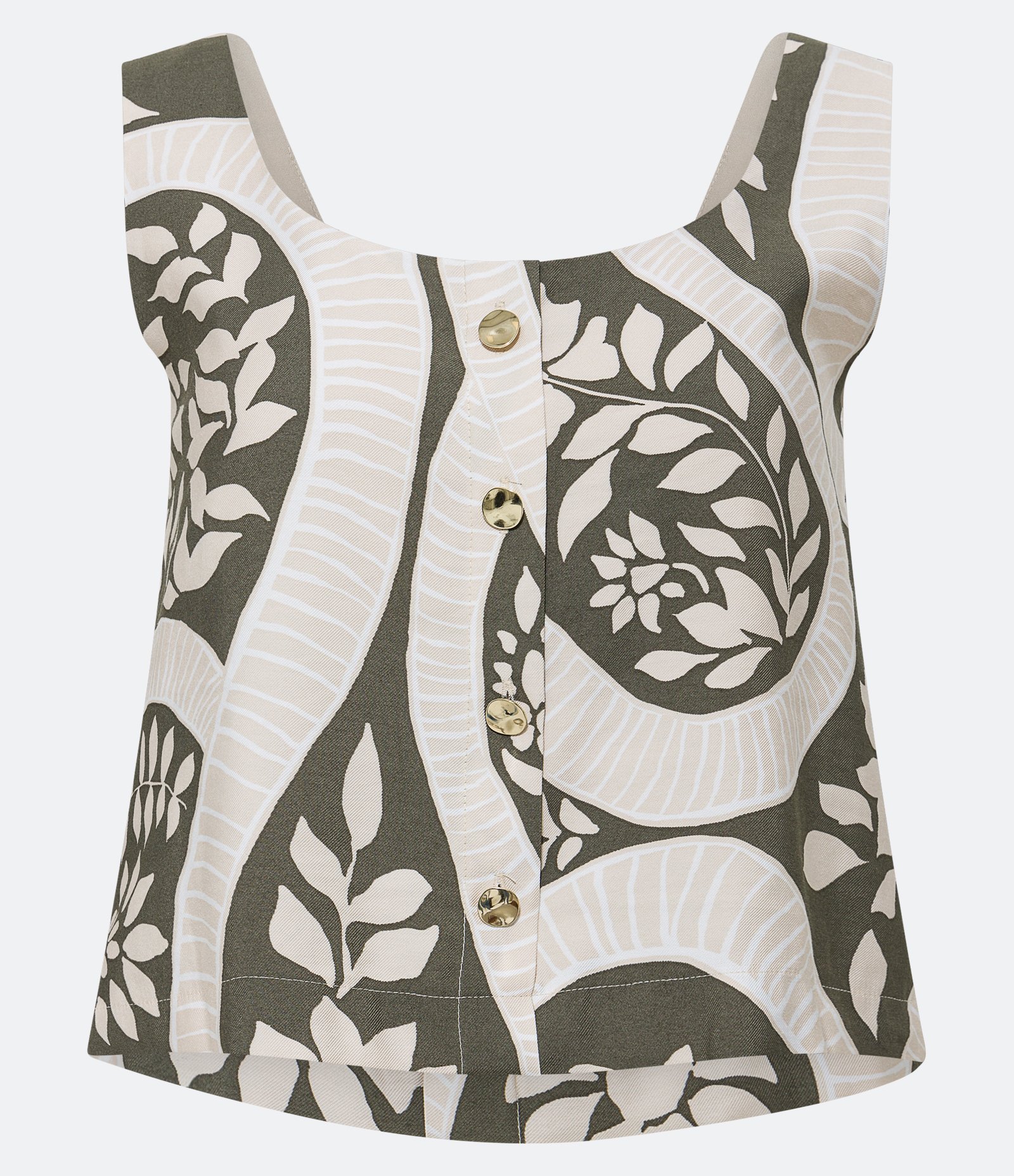 Blusa Sem Manga em Viscose com Flores Figurativas Estampadas Bege/Verde Militar 7