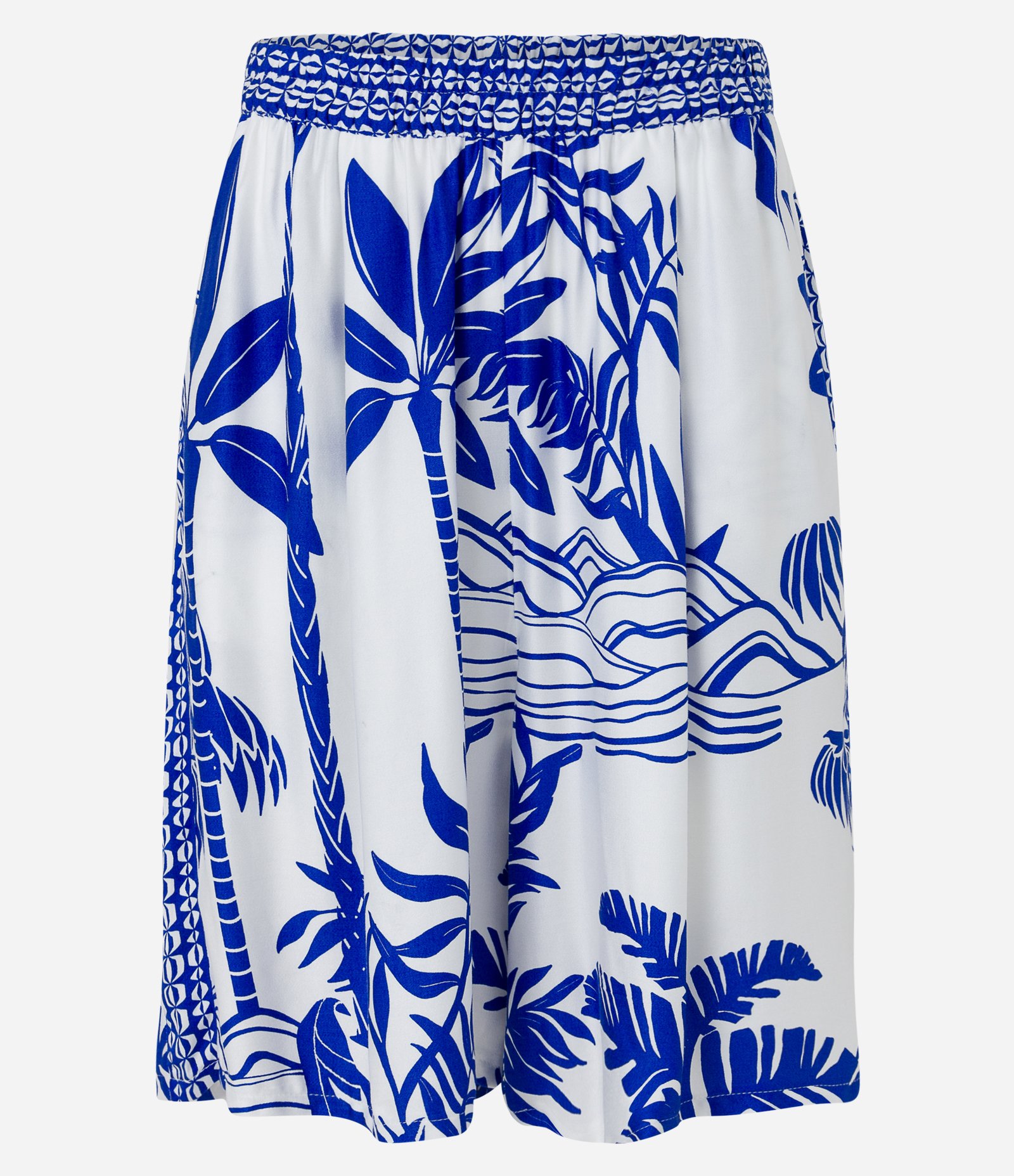 Short Cintura Média em Viscose com Folhagens de Coqueiros Estampados Off White/Azul 6