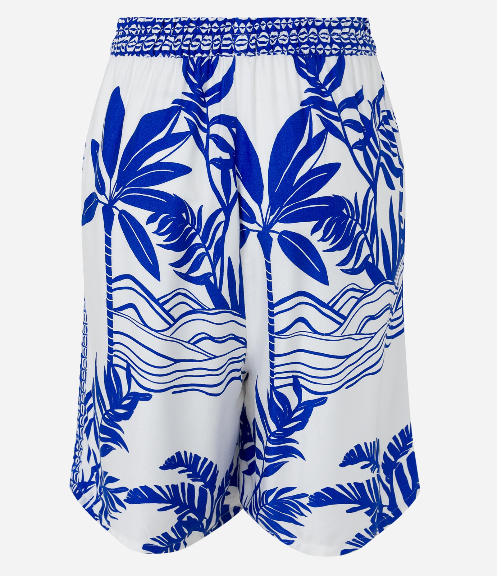 Short Cintura Média em Viscose com Folhagens de Coqueiros Estampados Off White/Azul 7