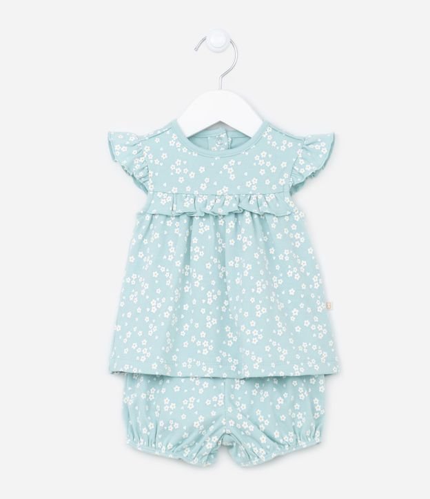 Conjunto Curto Infantil com Estampa de Flores e Corações - Tam 0 a 18m