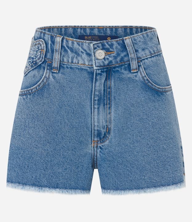 Short Jeans com Bolsos de Coração e Strass Aplicados Azul 5