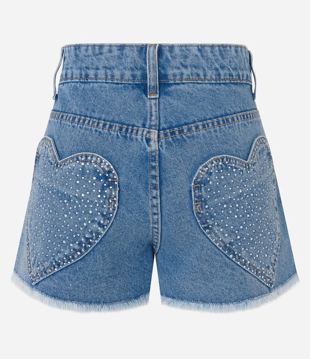 Short Jeans con Bolsillos de Corazón y Strass Aplicados Azul 7