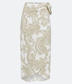 Saia Midi em Viscolinho com Amarração e Arabescos Estampados