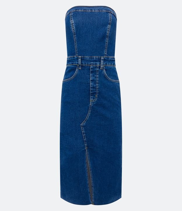 Vestido Midi Jeans com Fenda Frontal e Recorte