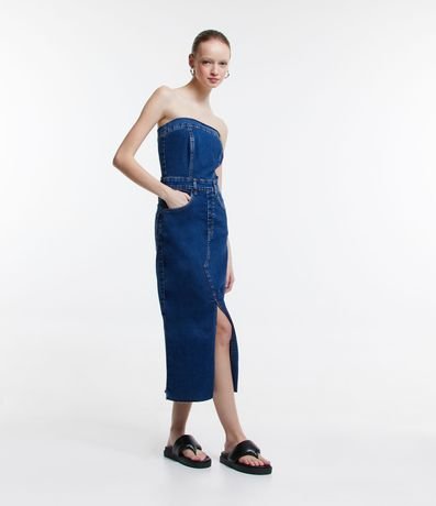 Vestido Midi Jeans com Fenda Frontal e Recorte Menor preço em Vestido Midi Jeans com Fenda Frontal e Recorte