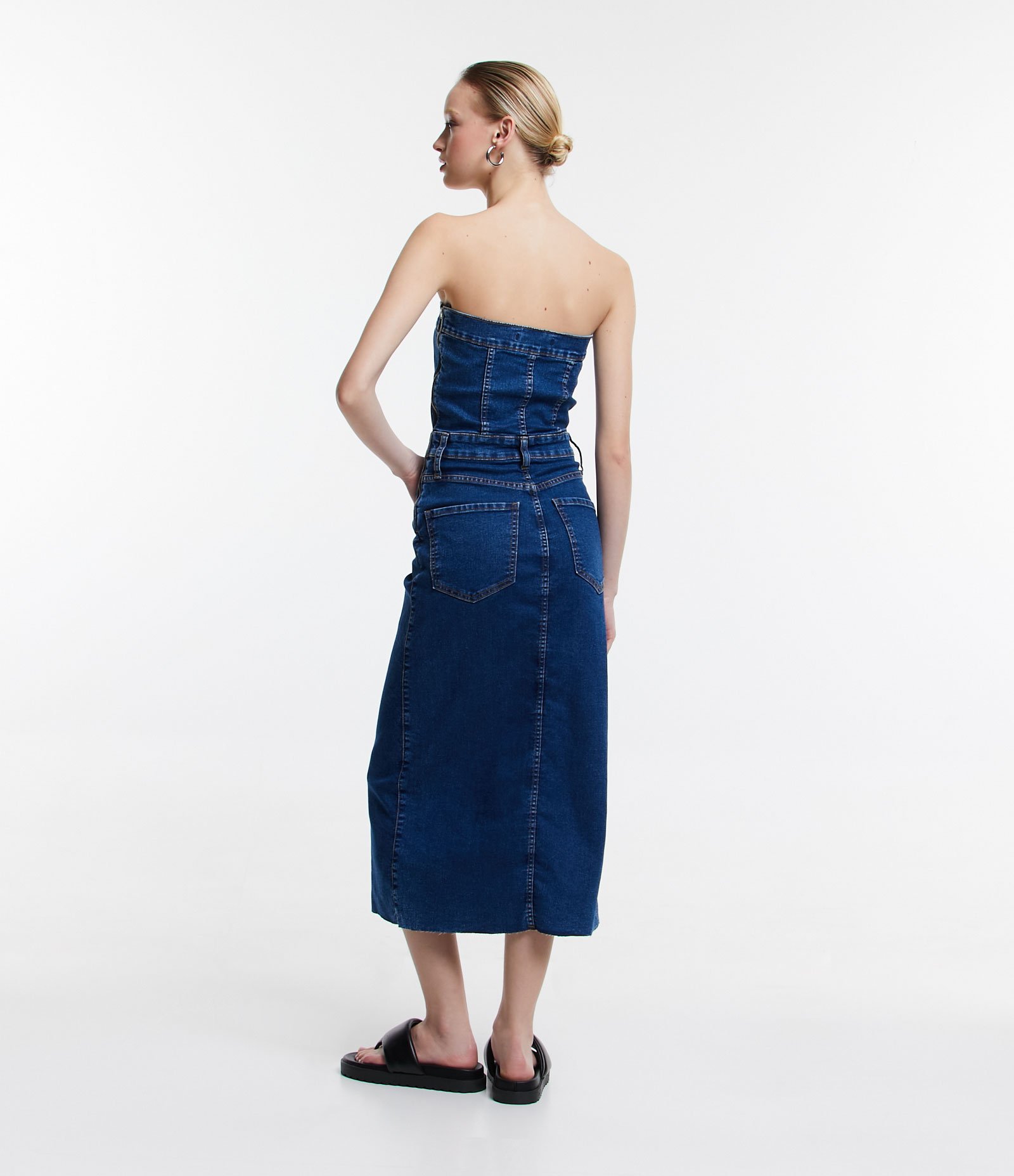 Vestido Midi Jeans com Fenda Frontal e Recorte Azul 2