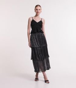 Saia Midi em Tule com Babados e Fios Metalizados