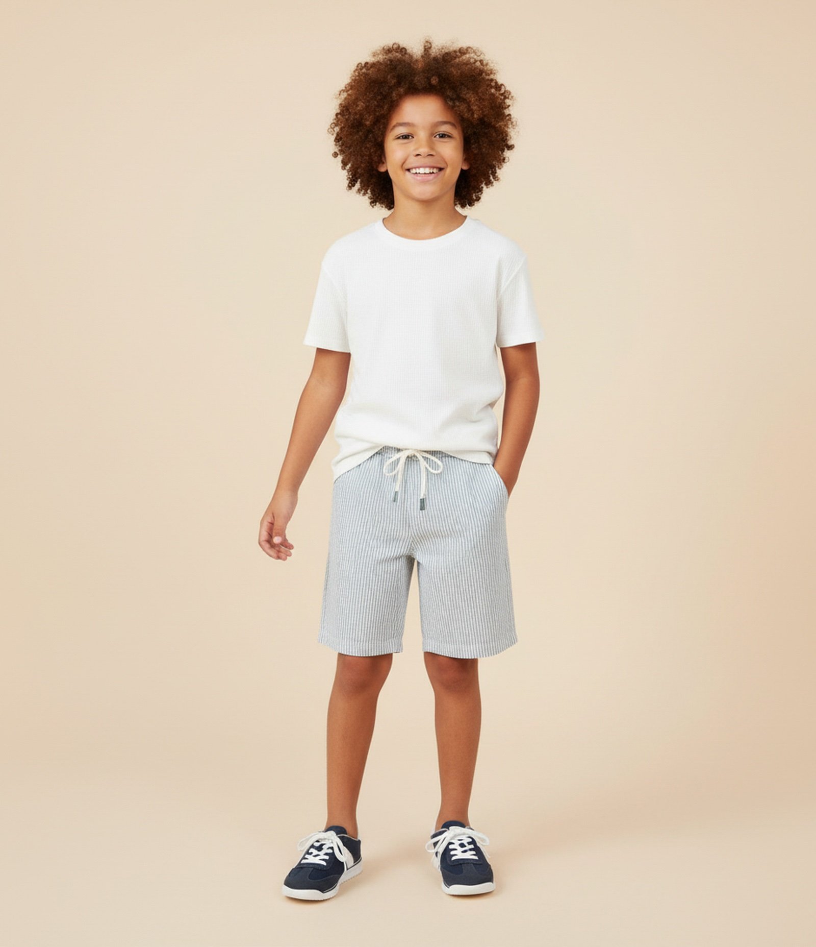 Bermuda Infantil Texturizada com Estampa Listrada - Tam 5 a 14 anos Branco 1