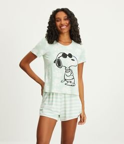 Pijama Corto en Viscolycra Estampado de Rayas Patas y Snoopy