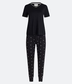 Pijama Longo em Viscolycra com Gola V e Estampa Poá