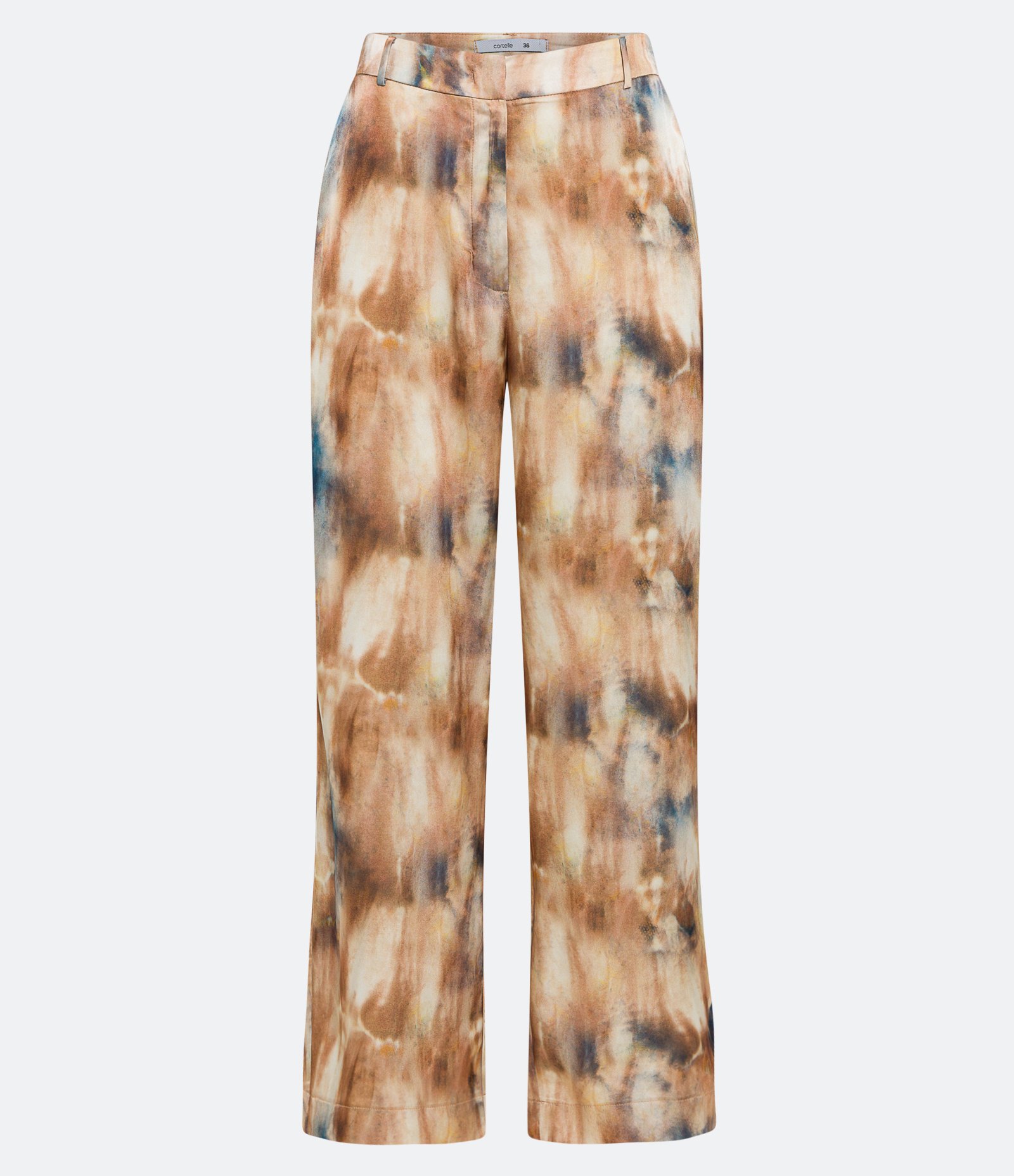Calça Reta Acetinada com Cintura Alta e Estampa Abstrata Tie Dye Bege 5