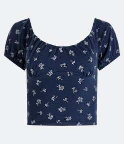 Blusa Cropped em Meia Malha com Manga Curta Bufante e Estampa Floral Liberty