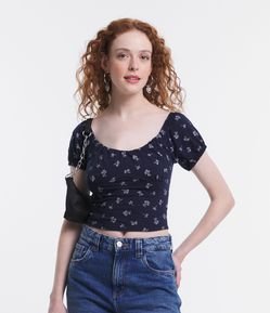 Blusa Cropped em Meia Malha com Manga Curta Bufante e Estampa Floral Liberty