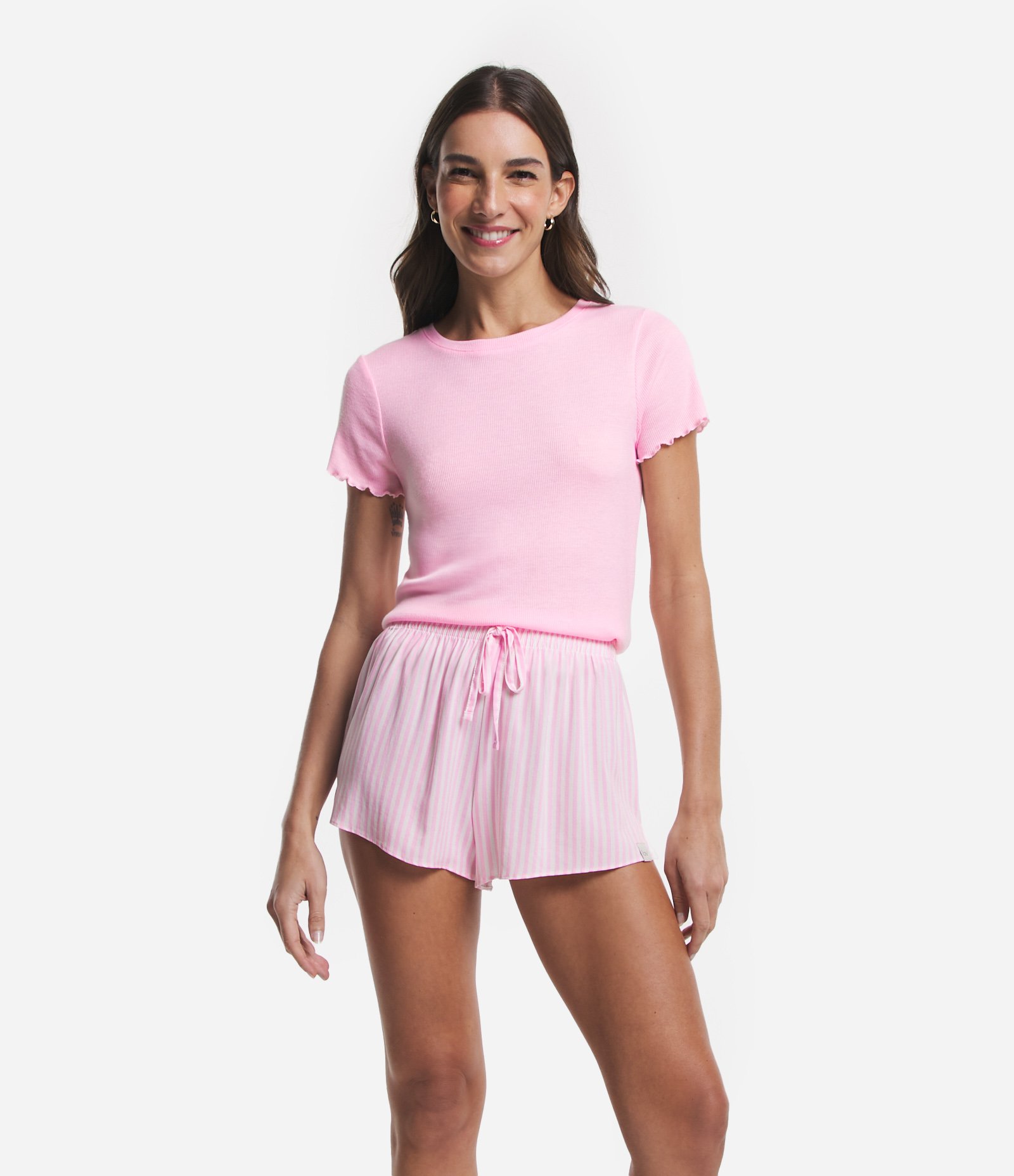 Blusa de Pijama em Ribana com Textura Canelada e Frufru na Barra 1