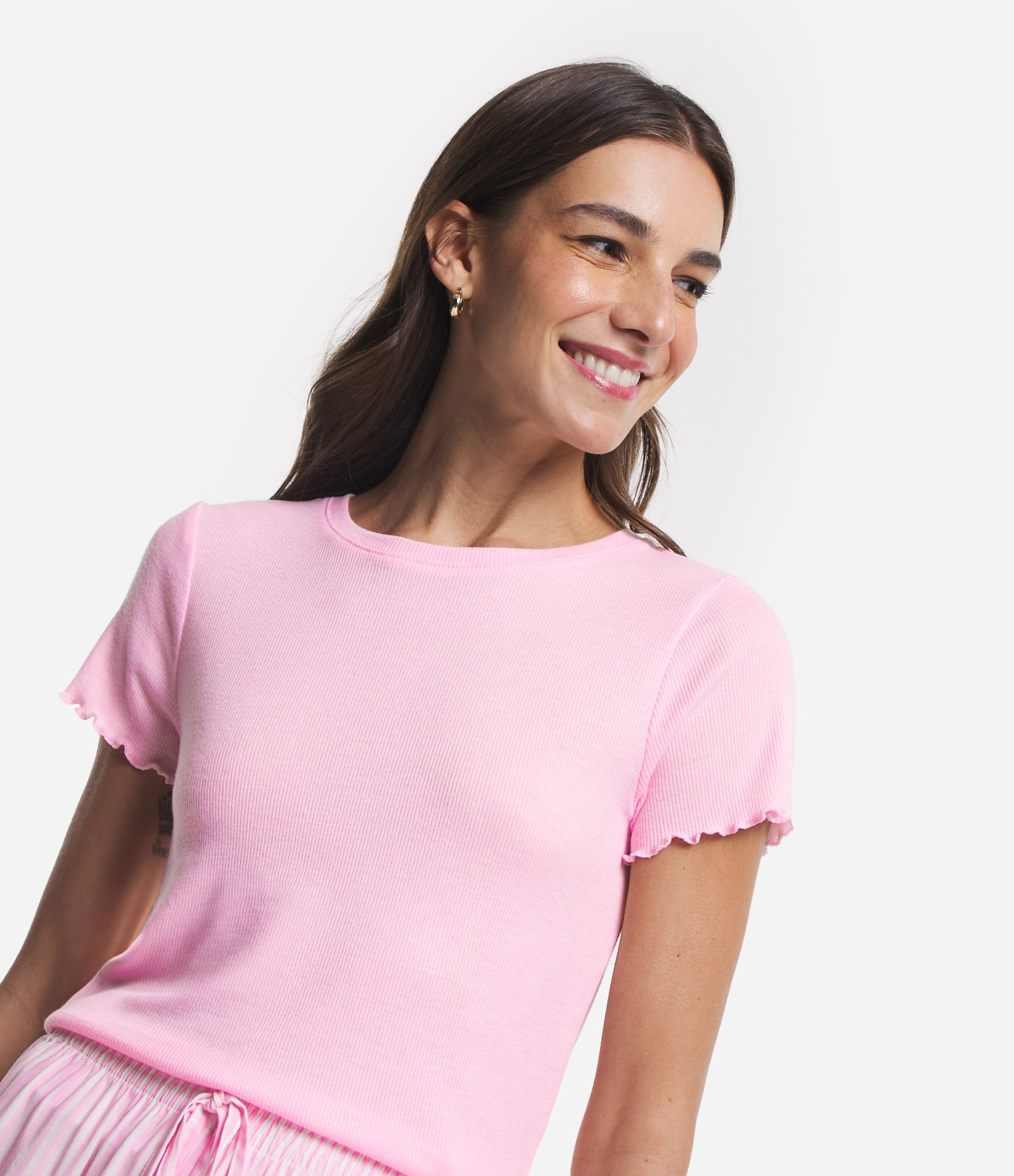 Blusa de Pijama em Ribana com Textura Canelada e Frufru na Barra 3