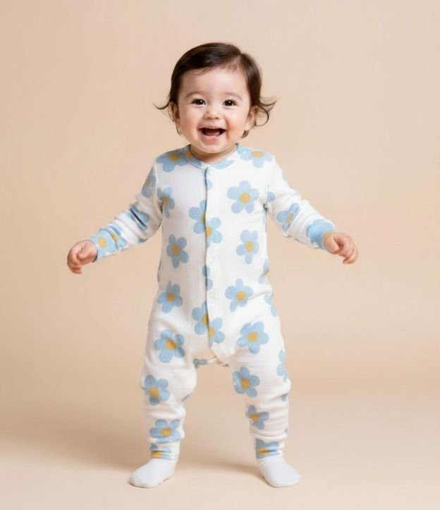 Macacão Infantil Canelado com Estampa Margaridas - Tam 0 a 18 Meses