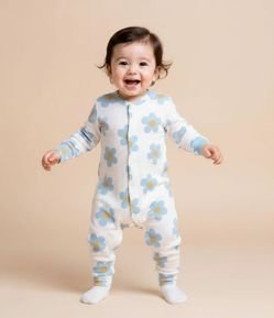 Macacão Infantil Canelado com Estampa Margaridas - Tam 0 a 18 Meses