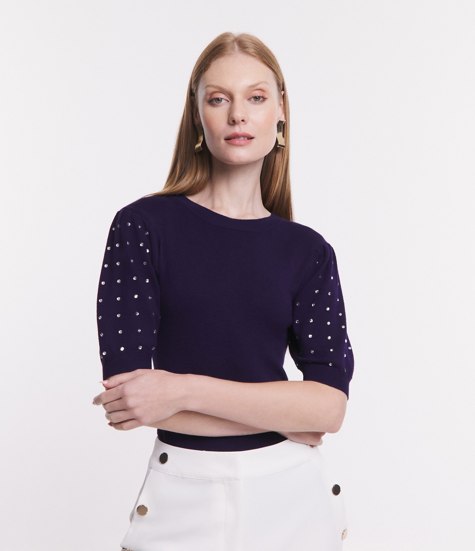 Blusa em Viscose com Manga Bufante e Strass Aplicado Azul 2