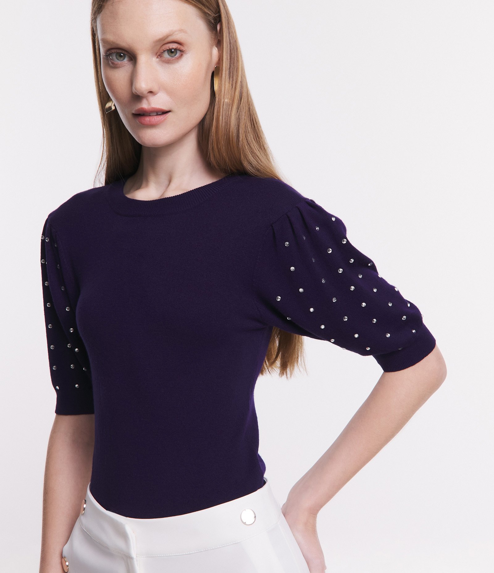 Blusa em Viscose com Manga Bufante e Strass Aplicado Azul 5