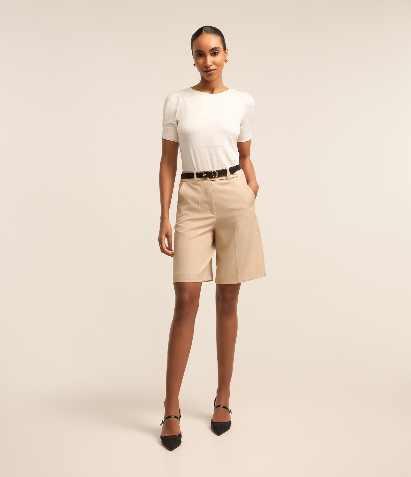 Blusa Manga Curta em Viscose Texturizada com Listras de Fio Metálico Off White 2