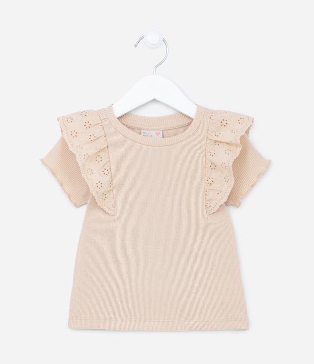 Blusa Infantil com Textura Listradinha e Babado Broderie - Tam 1 a 5 Anos