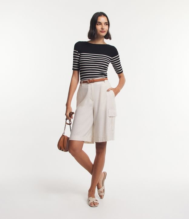 Blusa em Tricõ com Textura Canelada e Estampa Listrada