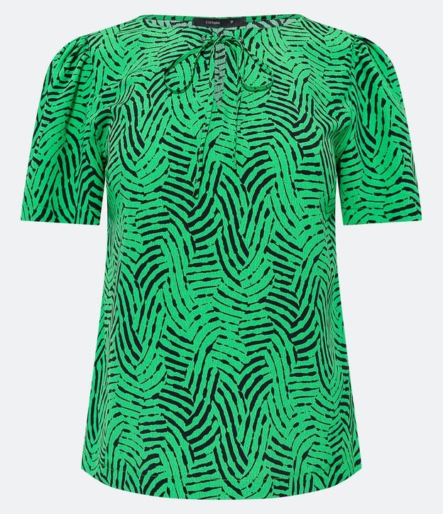 Blusa em Crepe com Manga Bufante e Estampa Abstrata Verde 5