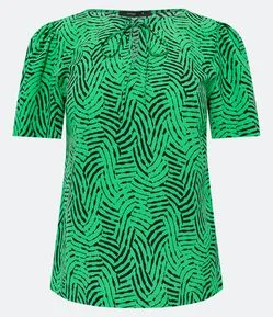 Blusa em Crepe com Manga Bufante e Estampa Abstrata