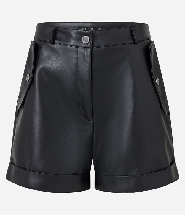 Short Cintura Alta em Material Sintético com Lapelas nos Bolsos