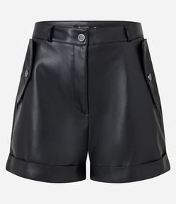 Short Cintura Alta em Material Sintético com Lapelas nos Bolsos