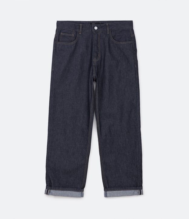 Calça Loose Jeans Resinado com Costura Contrastante e Barra Dobrada - Cor: Azul Escuro - Tamanho: 40