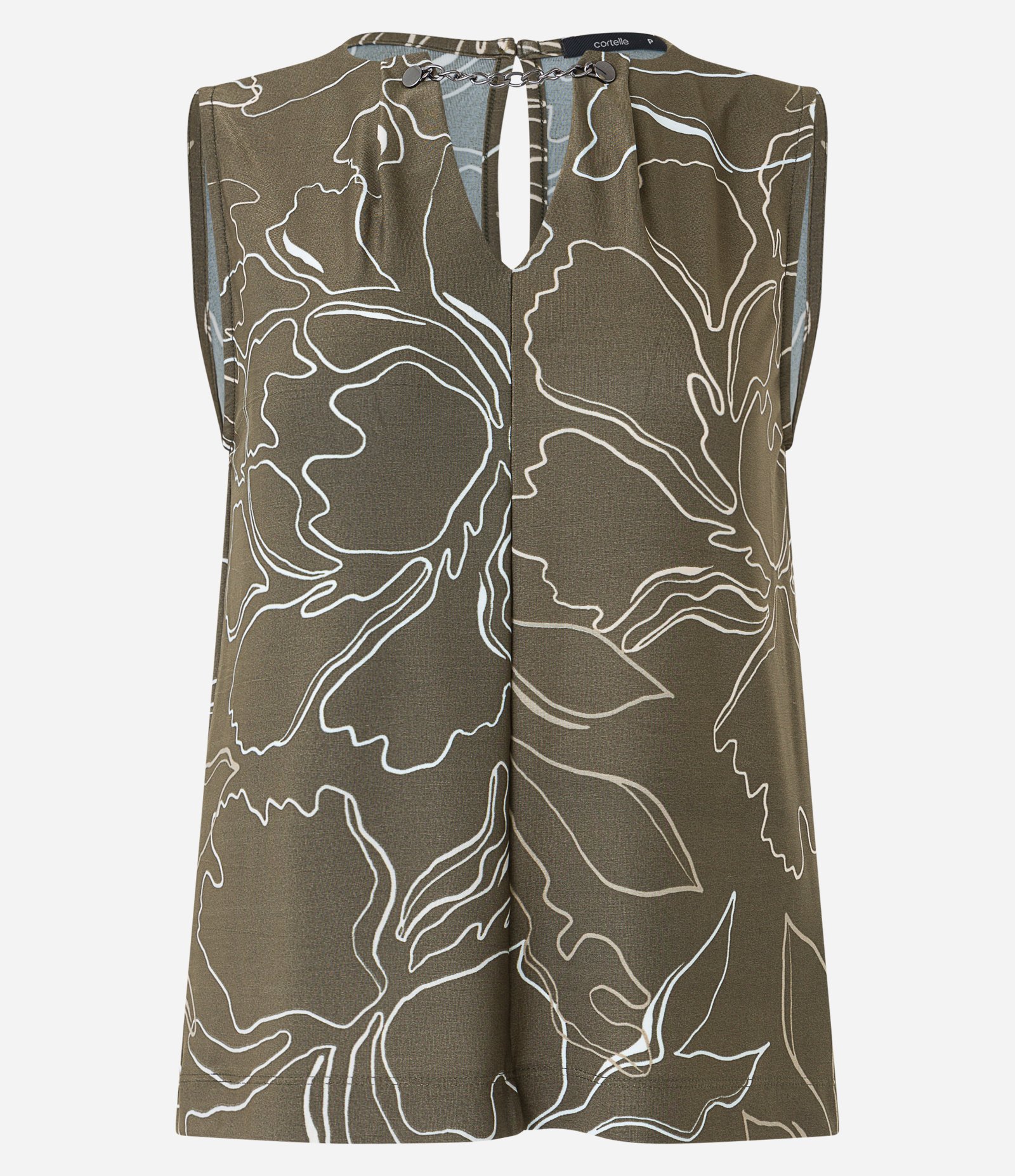 Blusa sem Manga em Malha Jersey com Corrente no Decote e Estampa Floral Verde Oliva 1
