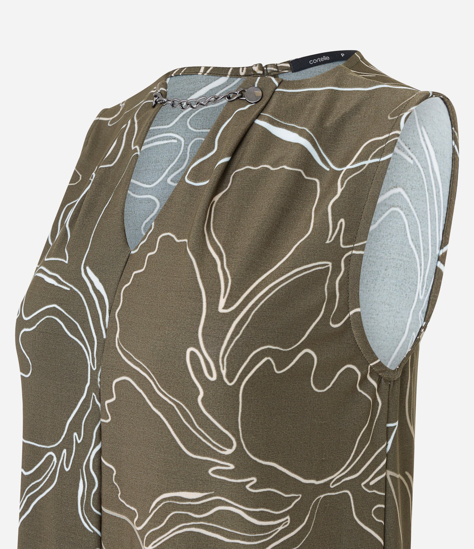 Blusa sem Manga em Malha Jersey com Corrente no Decote e Estampa Floral Verde Oliva 2