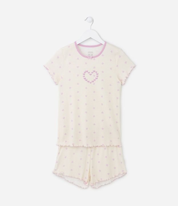 Pijama Curto Infantil com Estampa de Corações - Tam 5 ao 14 anos Bege 1