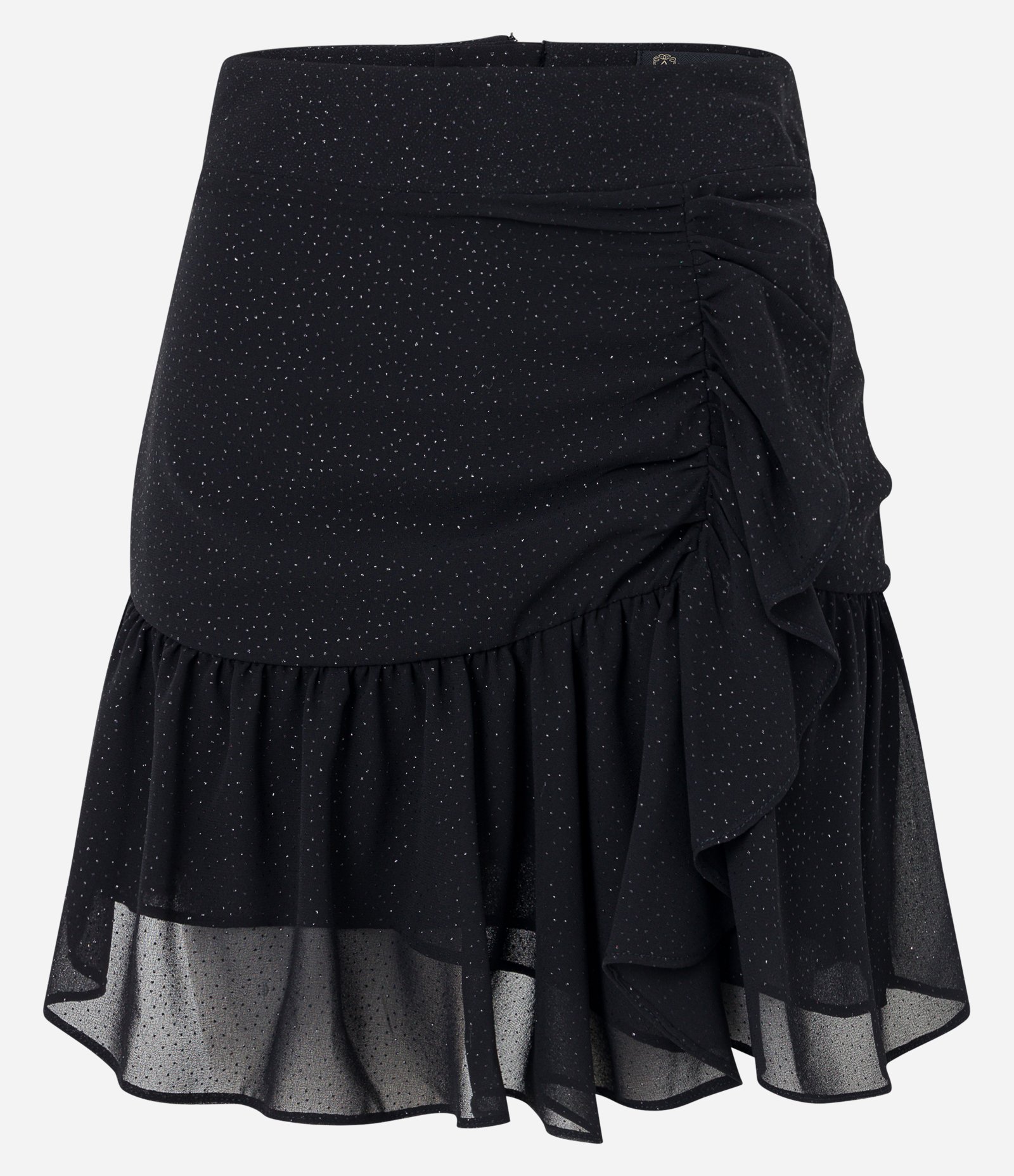 Saia Curta em Chiffon com Babados e Brilhos na Superfície Preto 5