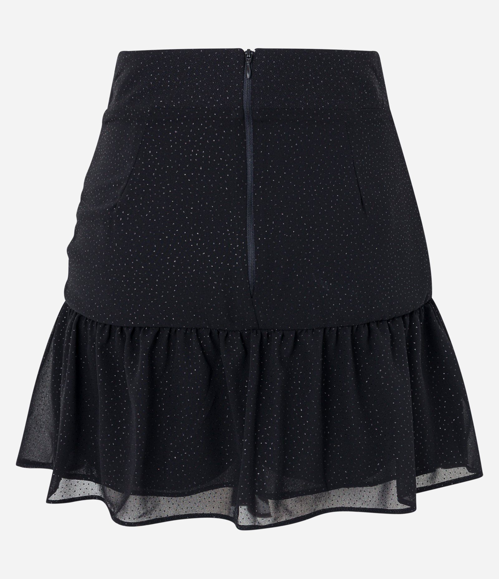 Saia Curta em Chiffon com Babados e Brilhos na Superfície Preto 7