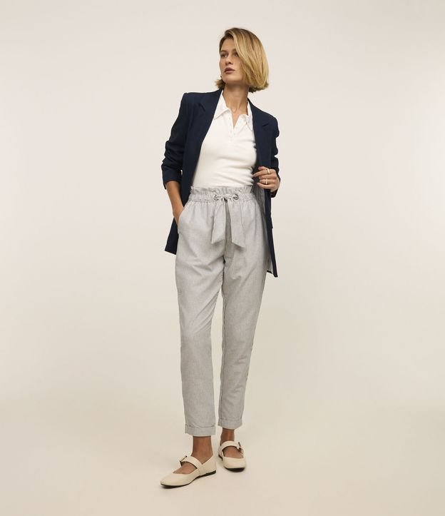 Calça Baggy Cintura Alta em Sarja Listrada com Amarração no Cós