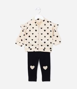 Conjunto Longo Infantil em Plush com Estampa de Corações - Tam 0 a 18 meses