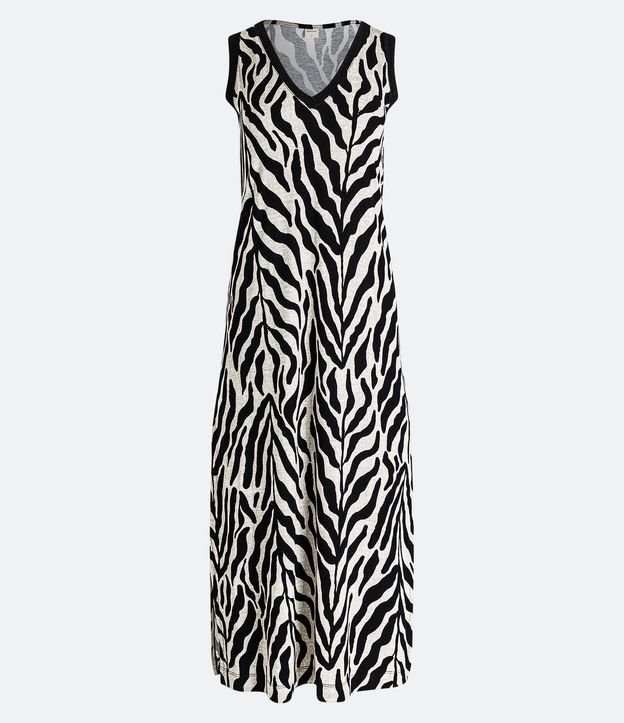 Vestido Midi Sem Manga em Viscose com Listras de Zebra Estampadas Preto 5