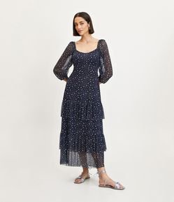 Vestido Longo em Tule Poá com Babados e Manga Bufante