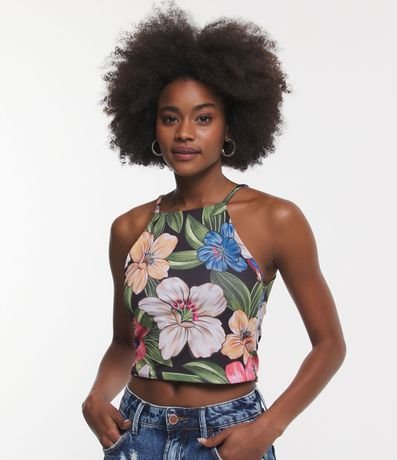 Blusa de Al a em Meia Malha Dupla Face com Estampa Tropical e