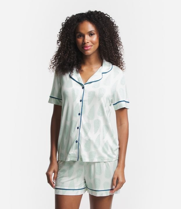 Pijama Americano Curto em Poliamida com Estampa Paisley Verde/ Branco 1