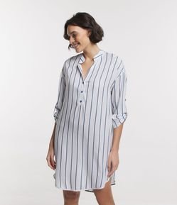 Camisola Americana Longa em Viscose com Estampa Listrada e Bordado nas Costas