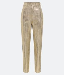 Calça Mom Cintura Alta em Sarja Metalizada com Bolsos