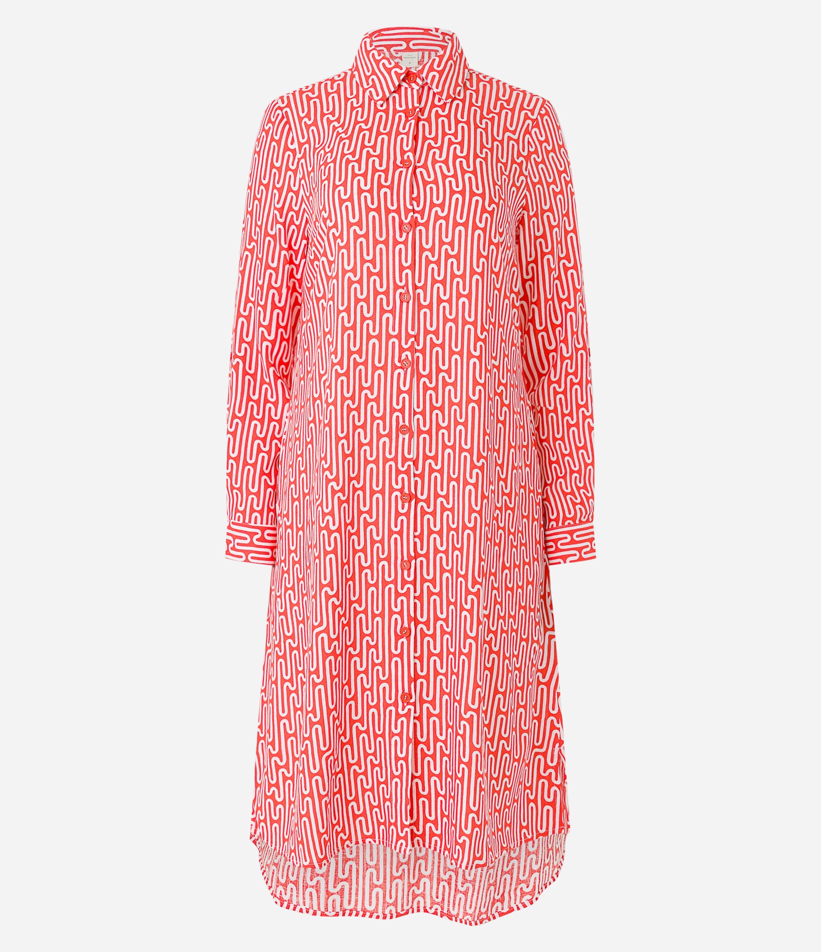 Vestido Chemise Midi em Viscolinho com Abotoamento e Estampa Abstrata Laranja Coral 7
