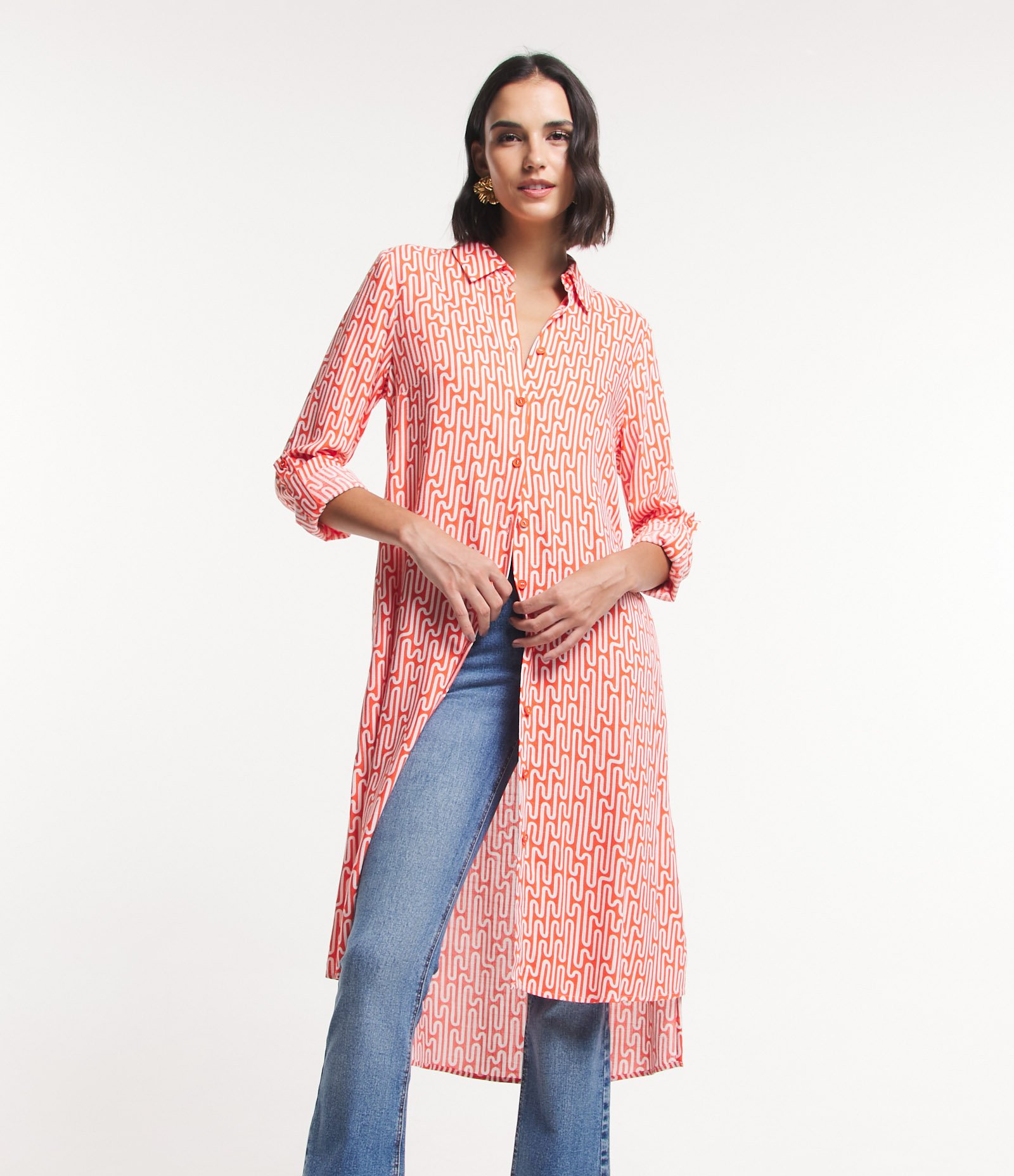 Vestido Chemise Midi em Viscolinho com Abotoamento e Estampa Abstrata Laranja Coral 6